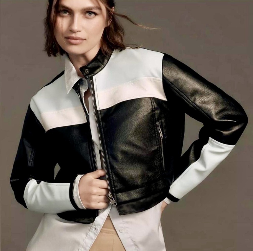 Maeve by Anthropologie Black Moto Color block Faux Leather Jacket -Small-EUC - Picture 13 of 13